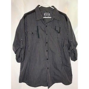 Sacred Cult Mens XL Black Gray Stripe Button Down Long Sleeve Roll Tab